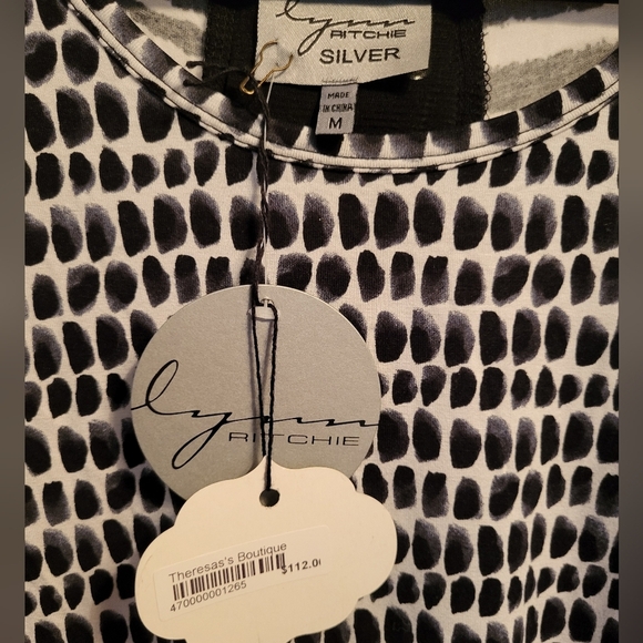 LYNN RITCHIE SILVER 3/4 Sleeve, Back Cut Out Criss Cross Mesh Top, MEDIUM, NWT - Picture 2 of 8